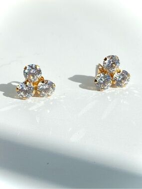 14K Yellow Solid Gold Triple CZ Stud Earrings - Clear Sparkle